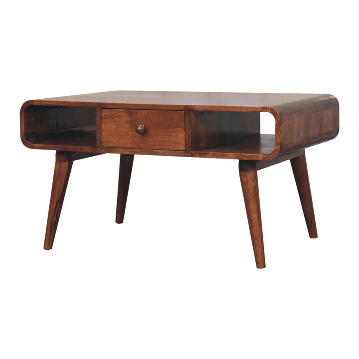 Curved Honey Caramel Coffee Table - Solid Mango Wood Center Table for Living Room - main view showing handcrafted solid...