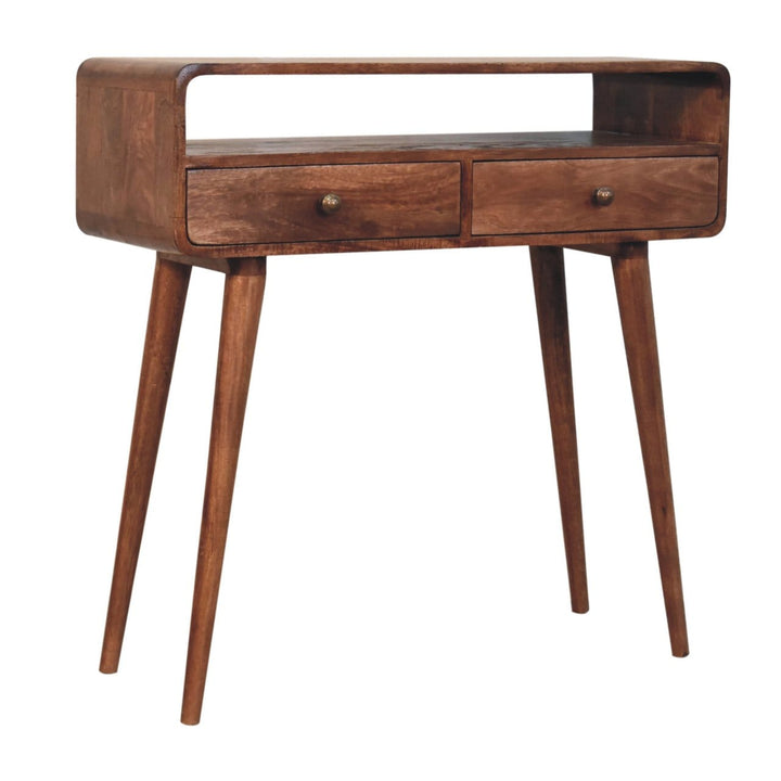 Curved Honey Caramel Console Table - Solid Mango Wood Hallway Console for Entryway - product view 4 showing handcrafted...