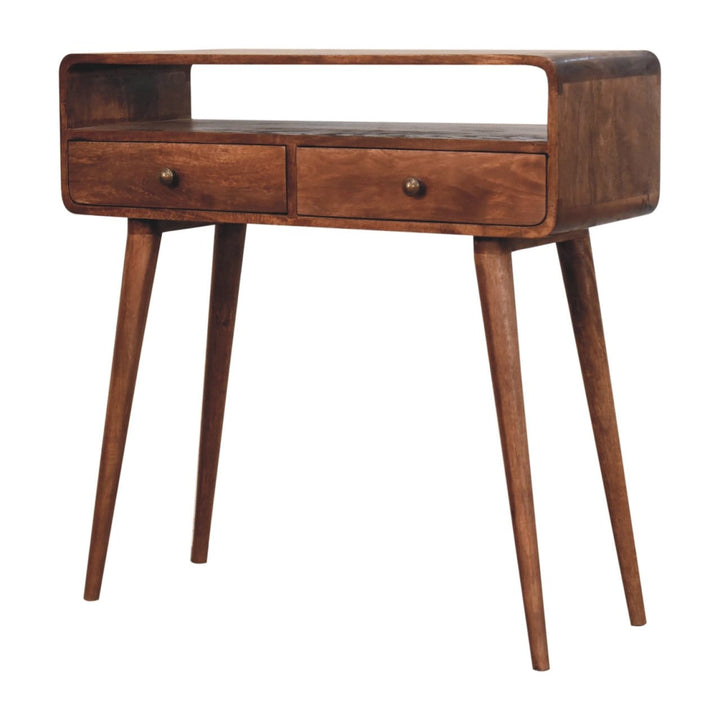 Curved Honey Caramel Console Table - Solid Mango Wood Hallway Console for Entryway - product view 3 showing handcrafted...