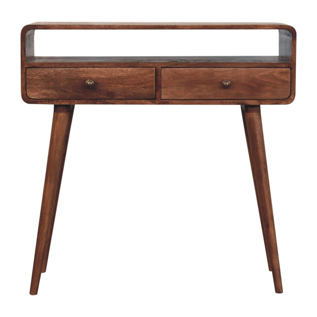 Curved Honey Caramel Console Table - Solid Mango Wood Hallway Console for Entryway - product view 2 showing handcrafted...