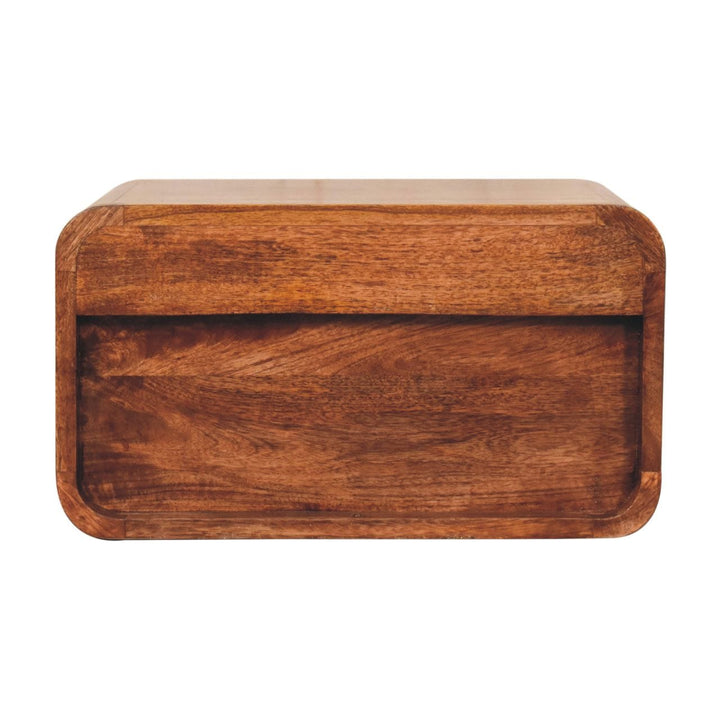 Curved Honey Caramel Floating Nightstand - Solid Mango Wood Bedside Table for Bedroom - product view 8 showing...