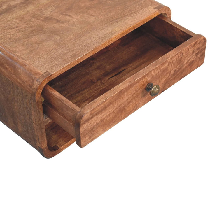 Curved Honey Caramel Floating Nightstand - Solid Mango Wood Bedside Table for Bedroom - product view 6 showing...