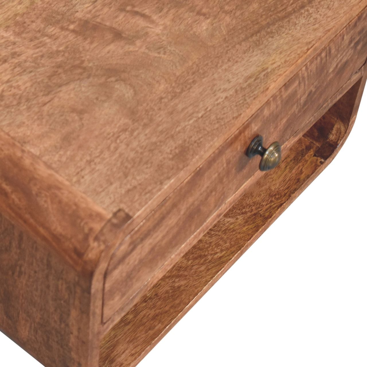 Curved Honey Caramel Floating Nightstand - Solid Mango Wood Bedside Table for Bedroom - product view 5 showing...