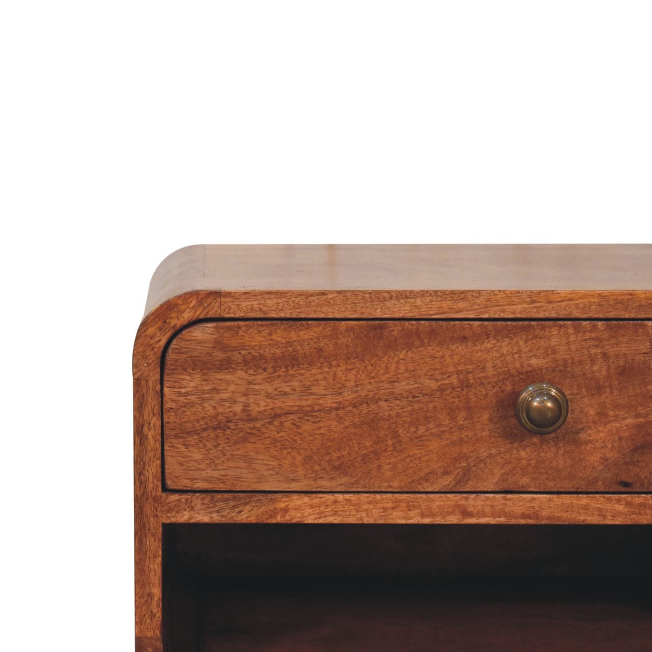 Curved Honey Caramel Floating Nightstand - Solid Mango Wood Bedside Table for Bedroom - product view 4 showing...