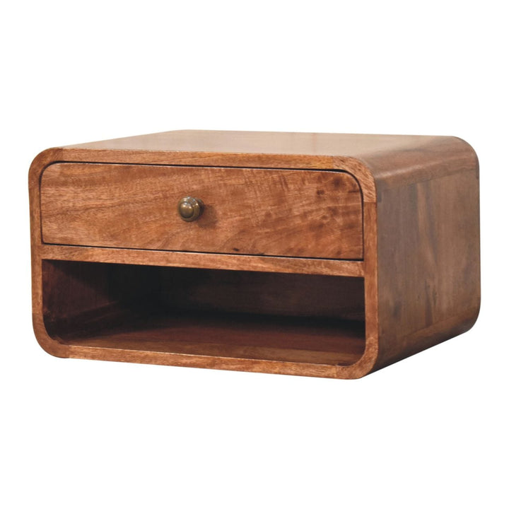 Curved Honey Caramel Floating Nightstand - Solid Mango Wood Bedside Table for Bedroom - product view 3 showing...