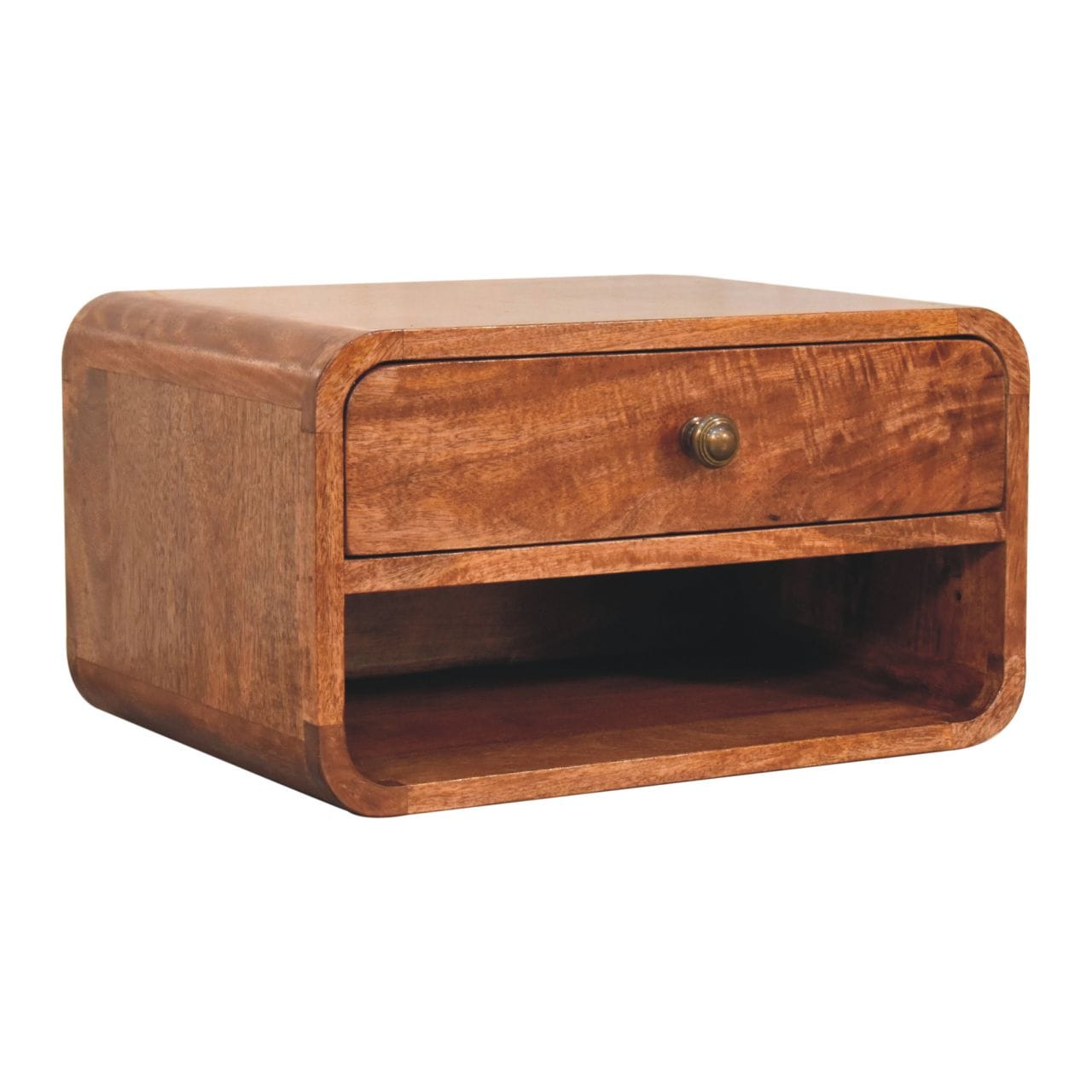 Curved Honey Caramel Floating Nightstand - Solid Mango Wood Bedside Table for Bedroom - product view 2 showing...
