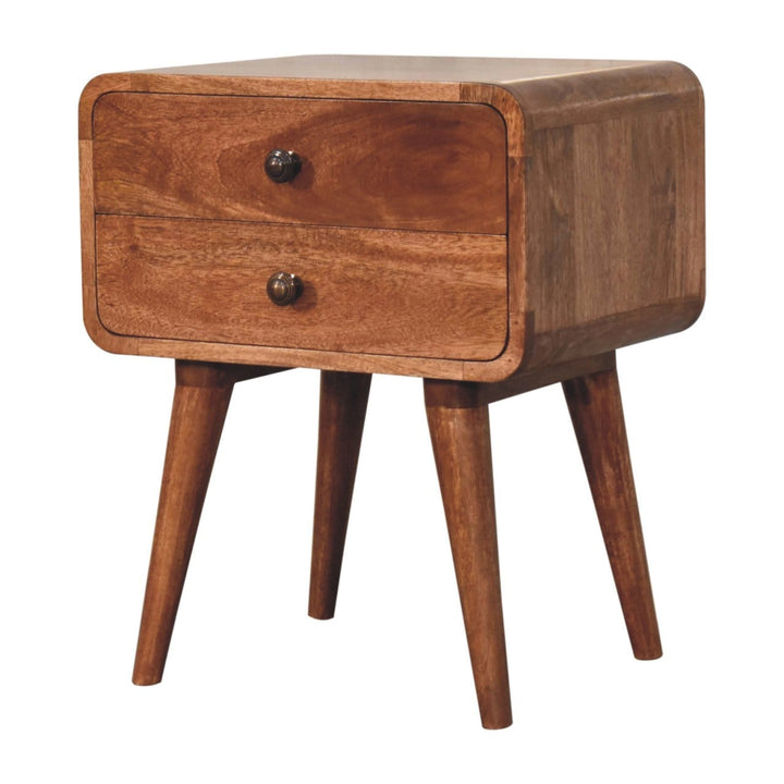 Curved Honey Caramel Nightstand - Solid Mango Wood Bedside Table for Bedroom - product view 8 showing handcrafted solid...