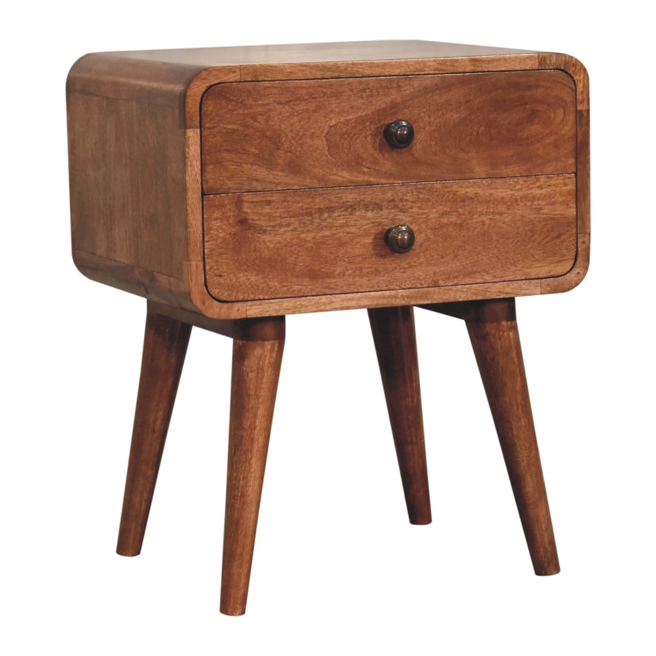 Curved Honey Caramel Nightstand - Solid Mango Wood Bedside Table for Bedroom - product view 7 showing handcrafted solid...