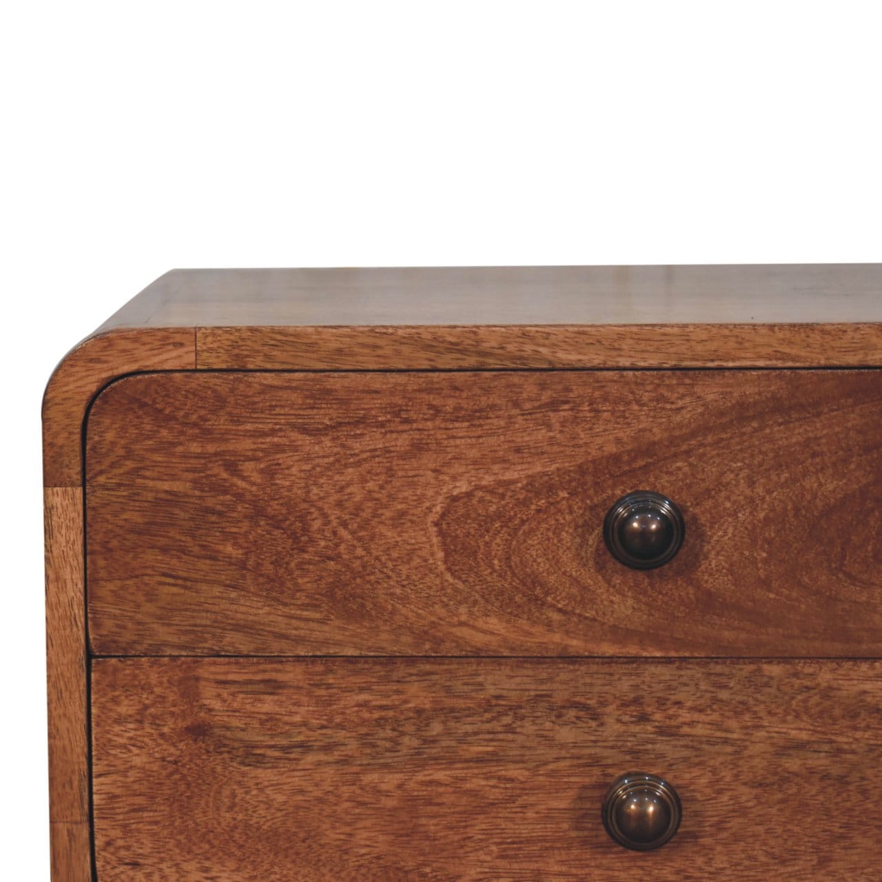 Curved Honey Caramel Nightstand - Solid Mango Wood Bedside Table for Bedroom - product view 6 showing handcrafted solid...