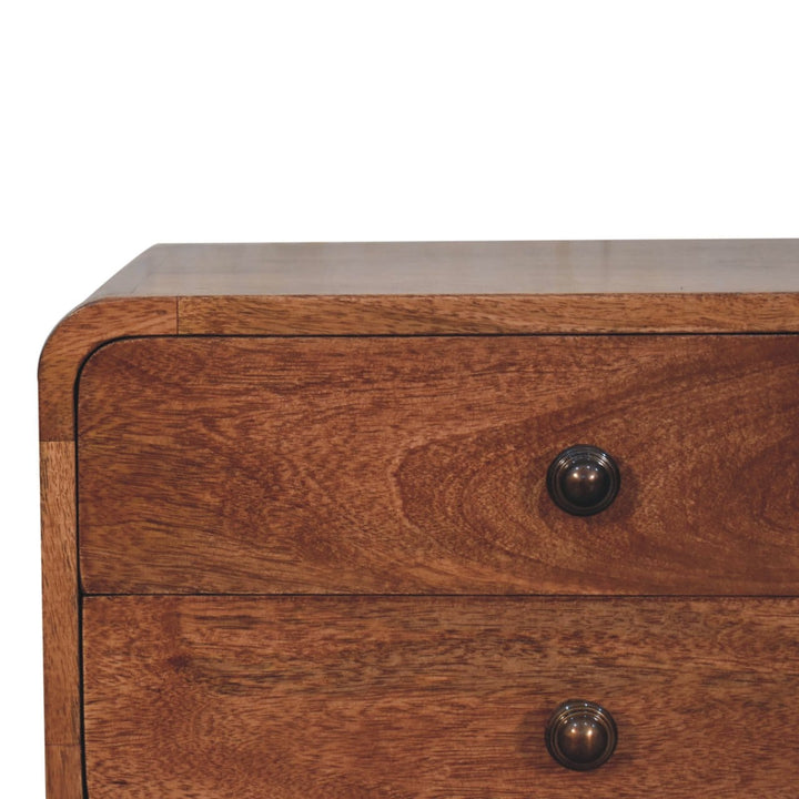 Curved Honey Caramel Nightstand - Solid Mango Wood Bedside Table for Bedroom - product view 6 showing handcrafted solid...