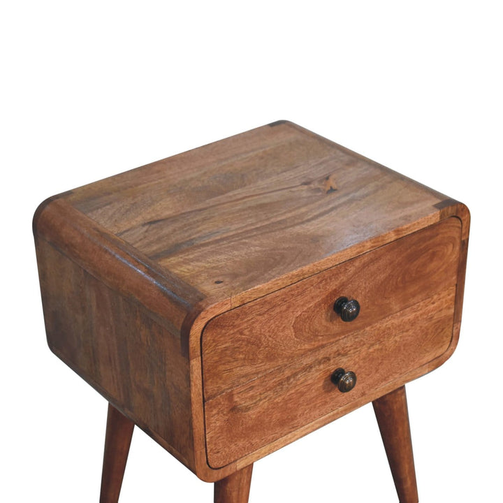 Curved Honey Caramel Nightstand - Solid Mango Wood Bedside Table for Bedroom - product view 5 showing handcrafted solid...