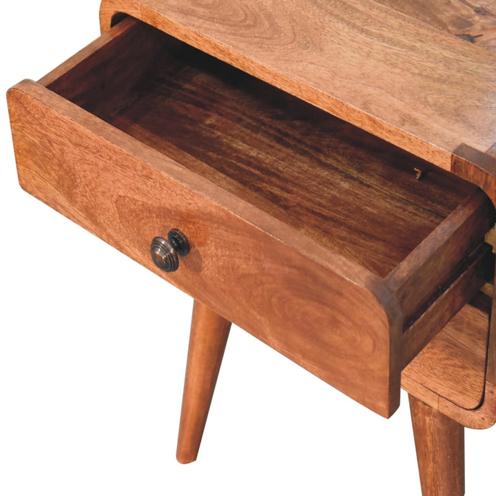 Curved Honey Caramel Nightstand - Solid Mango Wood Bedside Table for Bedroom - product view 4 showing handcrafted solid...