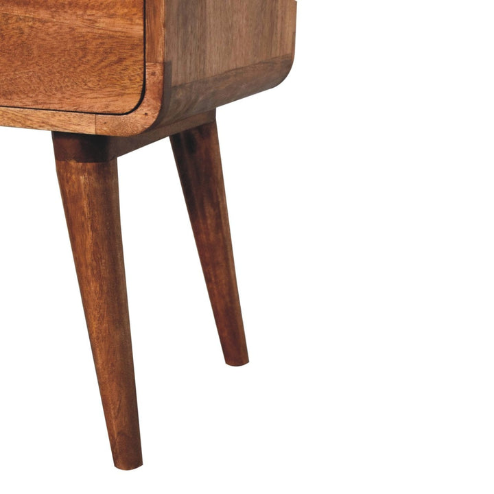 Curved Honey Caramel Nightstand - Solid Mango Wood Bedside Table for Bedroom - product view 3 showing handcrafted solid...