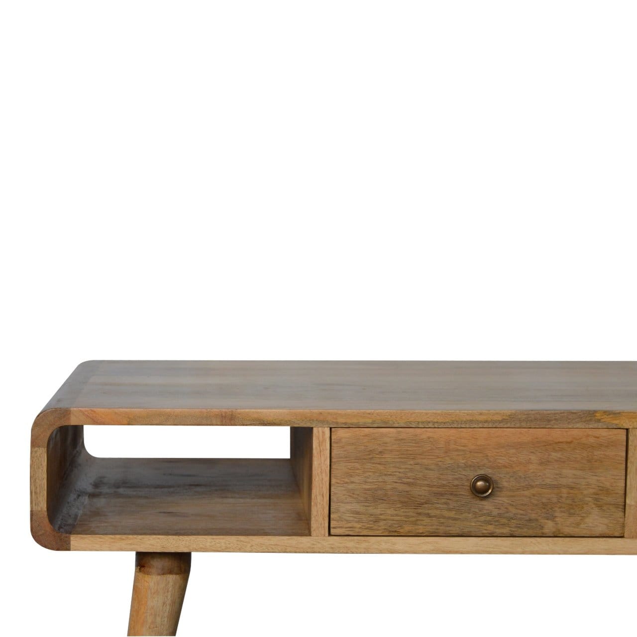 Curved Oak-ish Coffee Table - Solid Mango Wood Center Table for Living Room - product view 7 showing handcrafted solid...