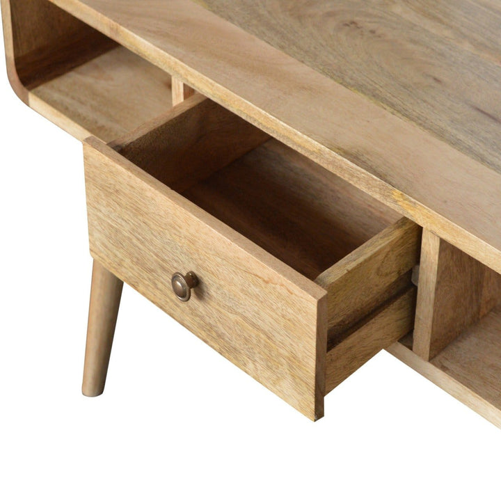 Curved Oak-ish Coffee Table - Solid Mango Wood Center Table for Living Room - product view 6 showing handcrafted solid...