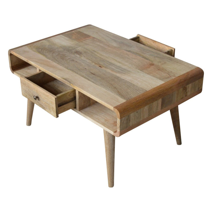 Curved Oak-ish Coffee Table - Solid Mango Wood Center Table for Living Room - product view 4 showing handcrafted solid...