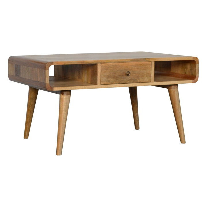 Curved Oak-ish Coffee Table - Solid Mango Wood Center Table for Living Room - product view 3 showing handcrafted solid...