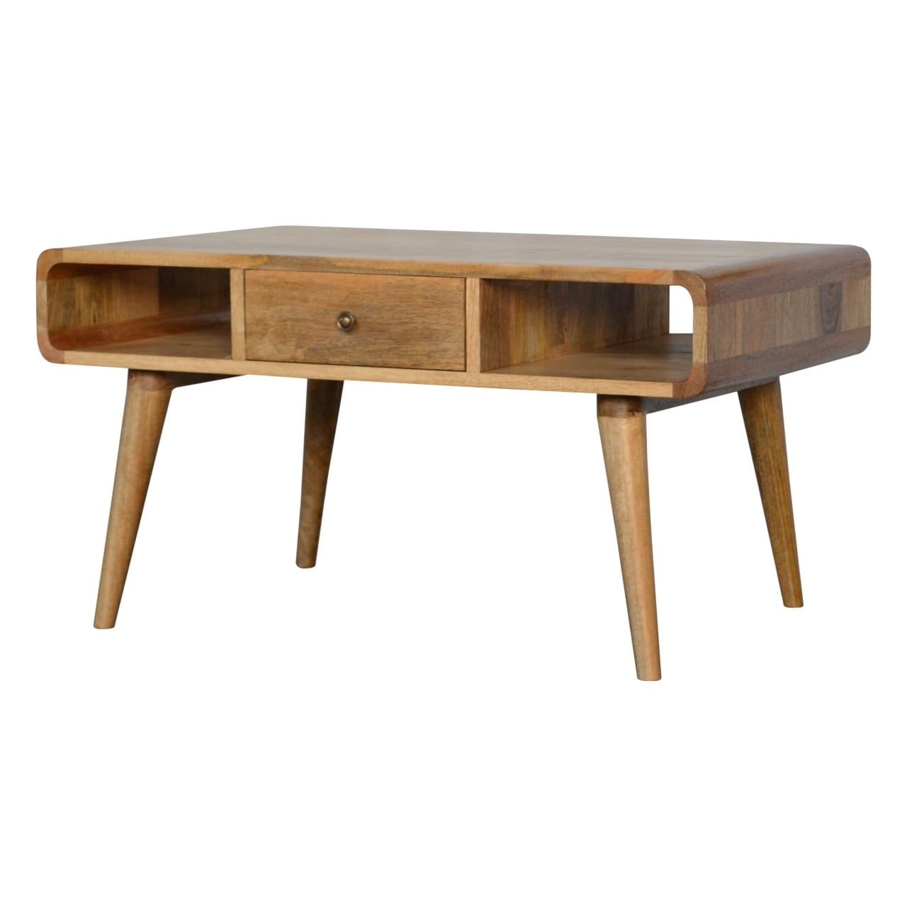 Curved Oak-ish Coffee Table - Solid Mango Wood Center Table for Living Room - product view 2 showing handcrafted solid...
