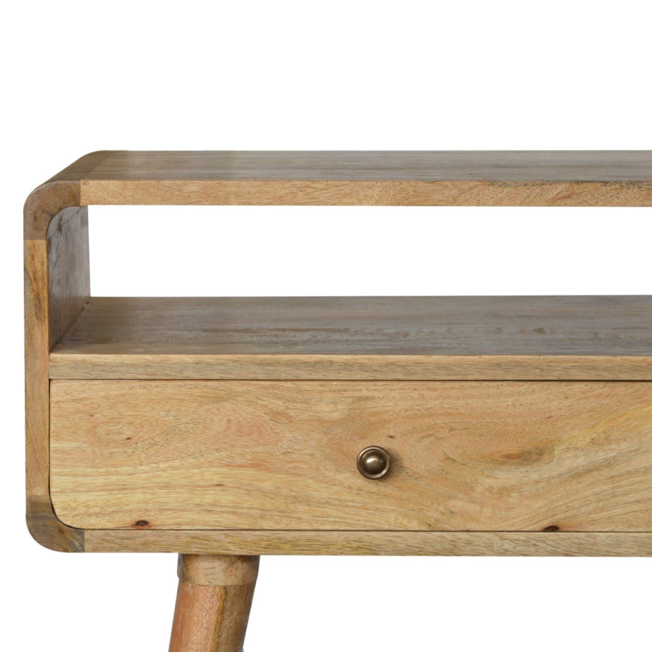 Curved Oak-ish Console Table - Solid Mango Wood Hallway Console for Entryway - product view 4 showing handcrafted solid...