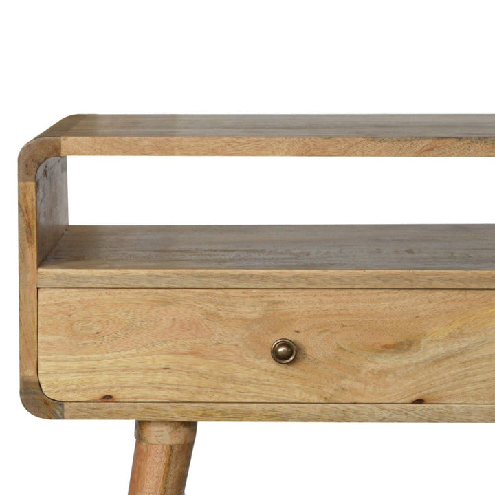 Curved Oak-ish Console Table - Solid Mango Wood Hallway Console for Entryway - product view 4 showing handcrafted solid...
