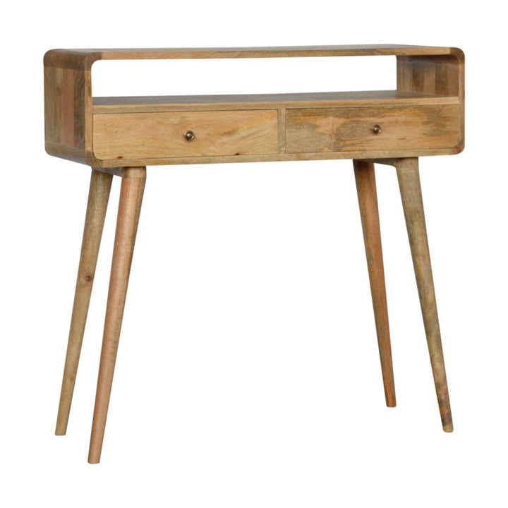 Curved Oak-ish Console Table - Solid Mango Wood Hallway Console for Entryway - product view 3 showing handcrafted solid...