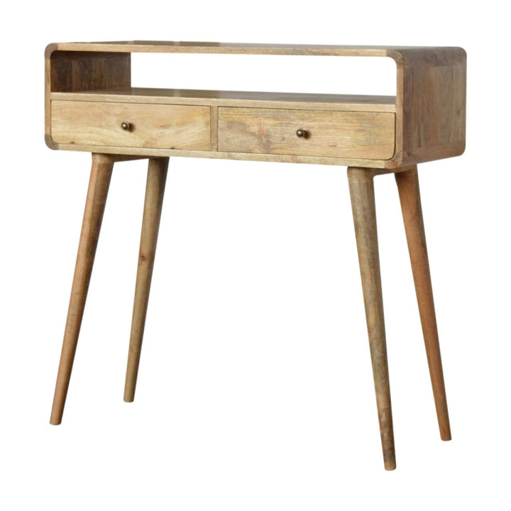 Curved Oak-ish Console Table - Solid Mango Wood Hallway Console for Entryway - product view 2 showing handcrafted solid...