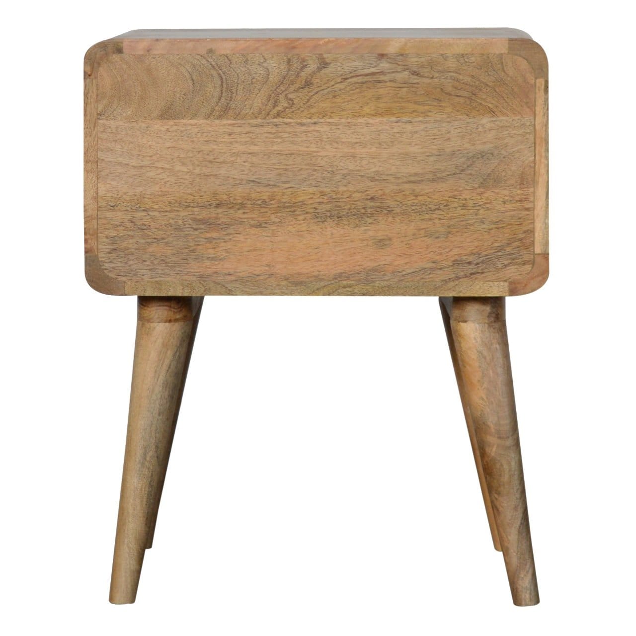 Curved Oak-ish Nightstand - Solid Mango Wood Bedside Table for Bedroom - product view 9 showing handcrafted solid mango...
