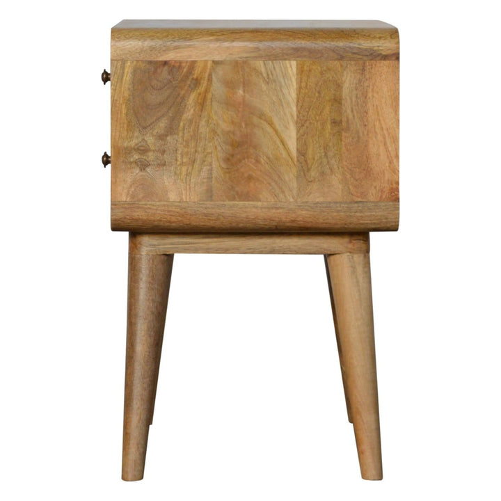 Curved Oak-ish Nightstand - Solid Mango Wood Bedside Table for Bedroom - product view 8 showing handcrafted solid mango...