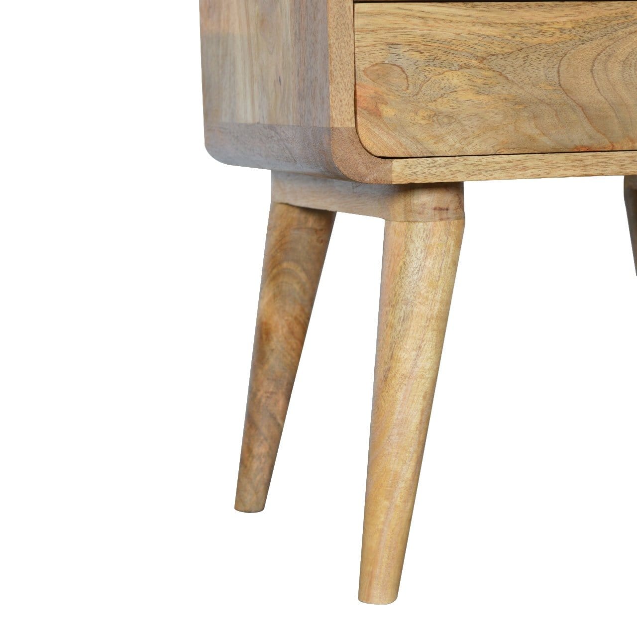 Curved Oak-ish Nightstand - Solid Mango Wood Bedside Table for Bedroom - product view 7 showing handcrafted solid mango...