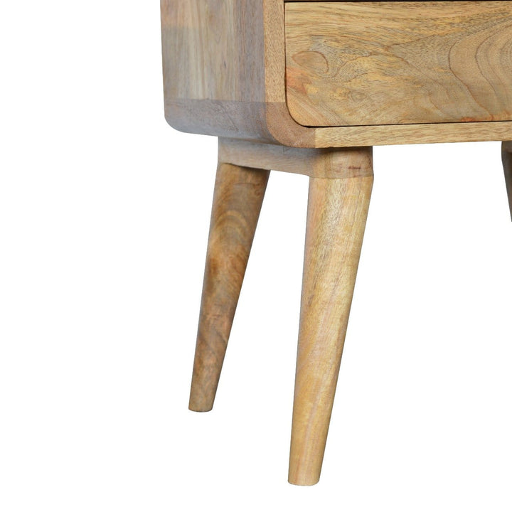 Curved Oak-ish Nightstand - Solid Mango Wood Bedside Table for Bedroom - product view 7 showing handcrafted solid mango...