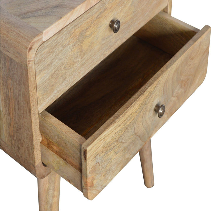 Curved Oak-ish Nightstand - Solid Mango Wood Bedside Table for Bedroom - product view 6 showing handcrafted solid mango...