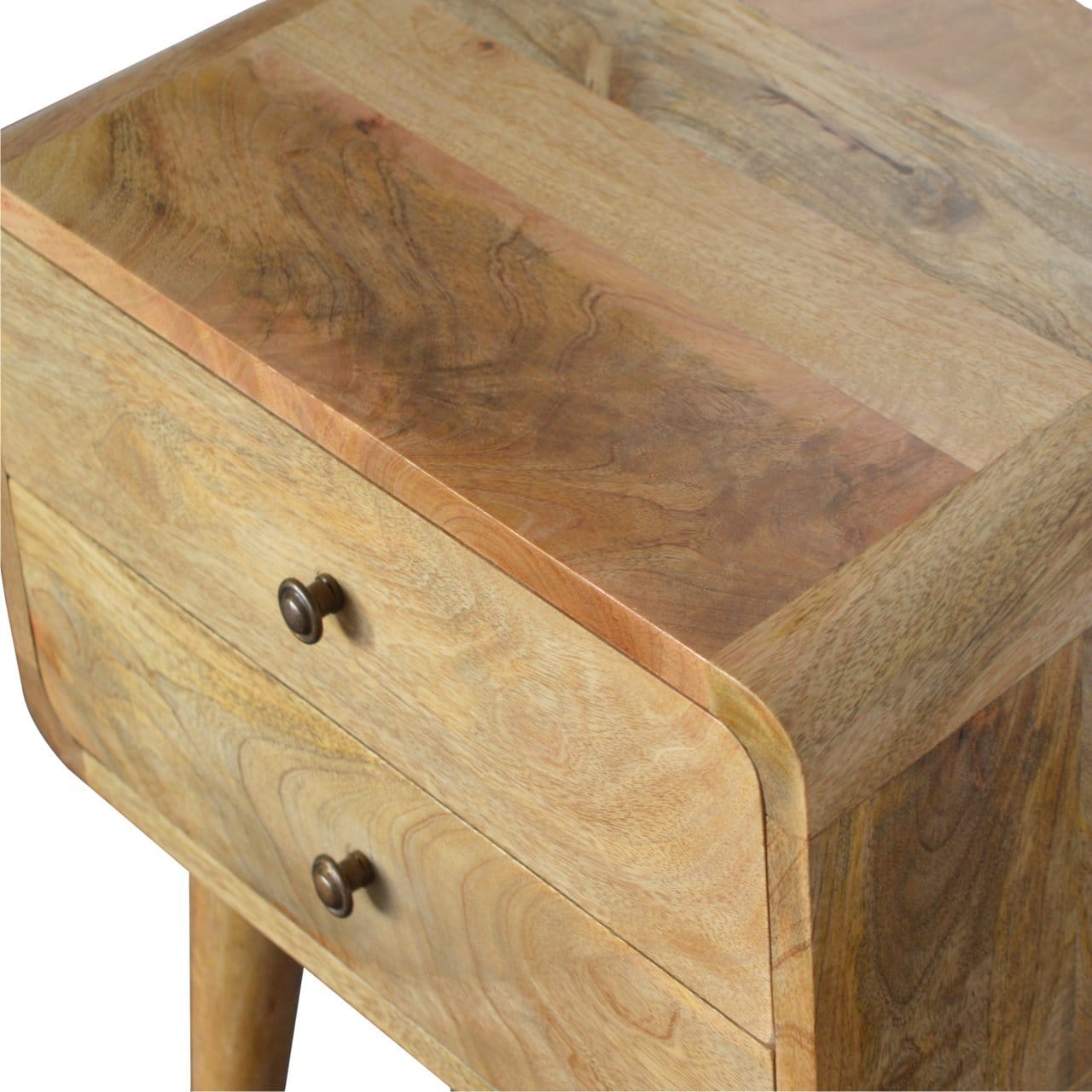 Curved Oak-ish Nightstand - Solid Mango Wood Bedside Table for Bedroom - product view 5 showing handcrafted solid mango...