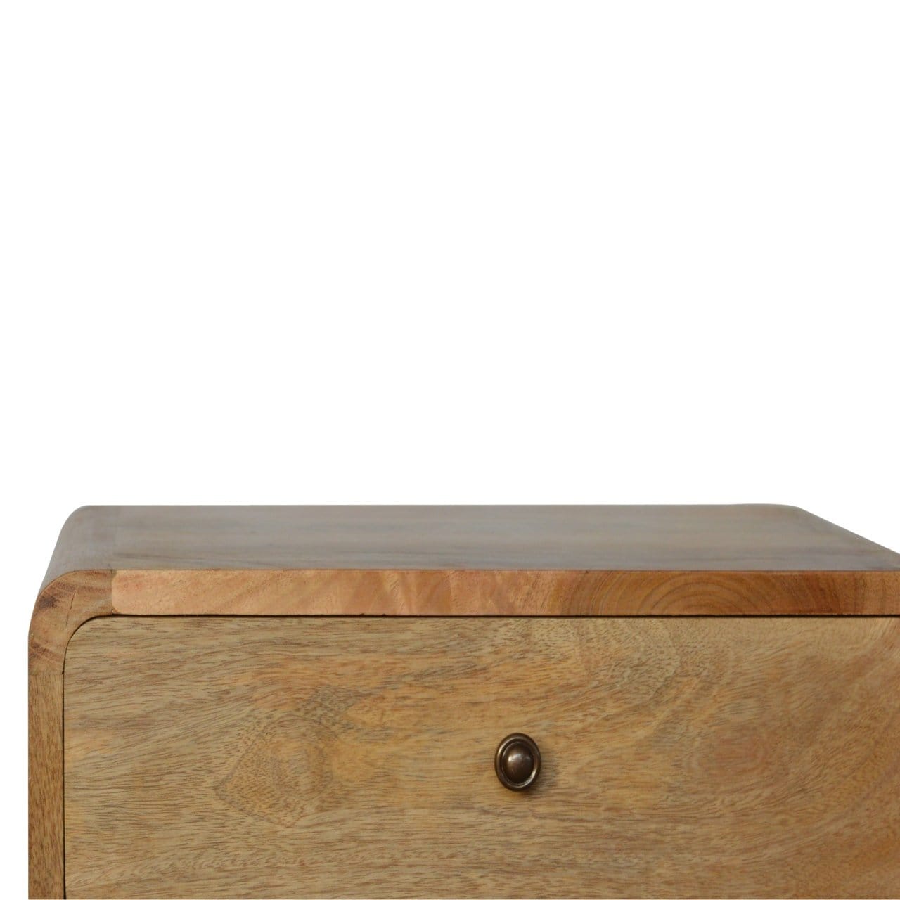 Curved Oak-ish Nightstand - Solid Mango Wood Bedside Table for Bedroom - product view 4 showing handcrafted solid mango...