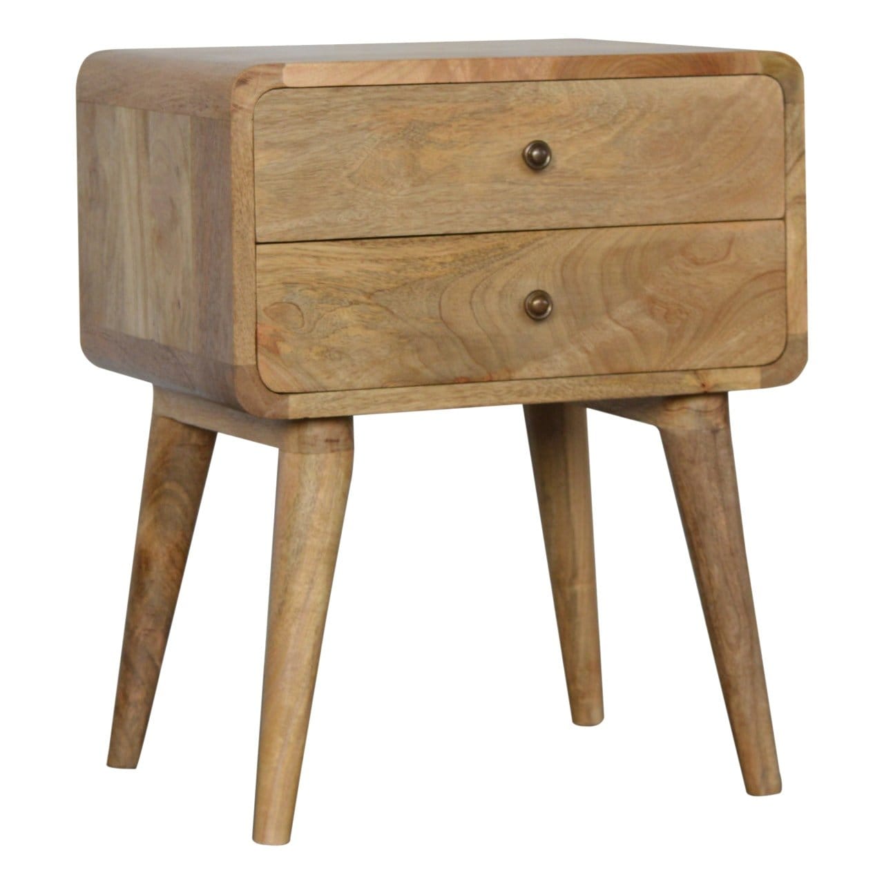 Curved Oak-ish Nightstand - Solid Mango Wood Bedside Table for Bedroom - product view 3 showing handcrafted solid mango...