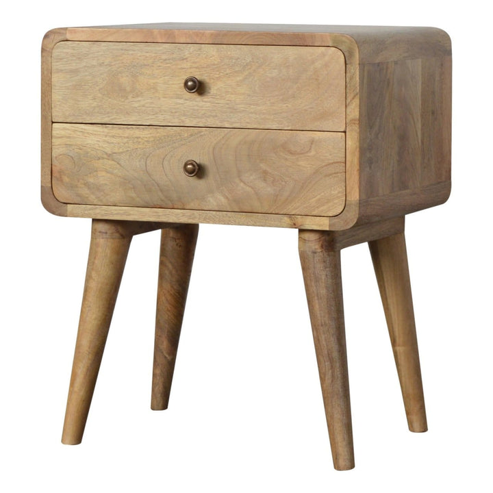 Curved Oak-ish Nightstand - Solid Mango Wood Bedside Table for Bedroom - product view 2 showing handcrafted solid mango...