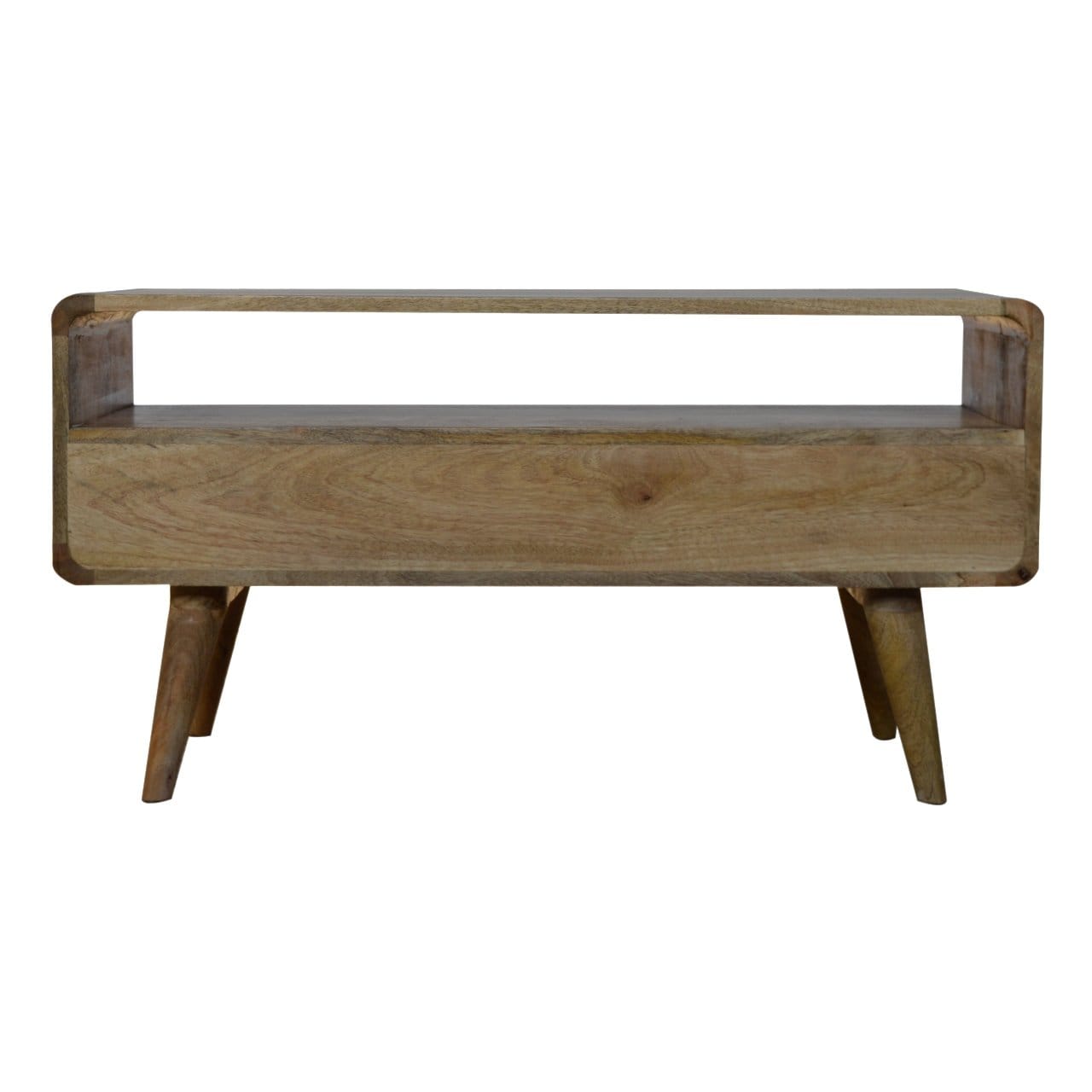 Curved Oak-ish TV Stand - Solid Mango Wood Entertainment Center for Living Room - product view 9 showing handcrafted...