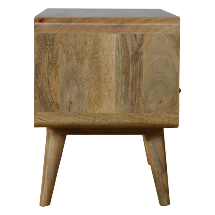 Curved Oak-ish TV Stand - Solid Mango Wood Entertainment Center for Living Room - product view 8 showing handcrafted...