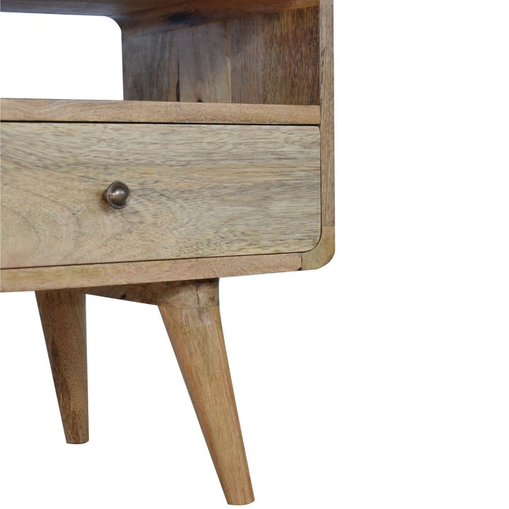 Curved Oak-ish TV Stand - Solid Mango Wood Entertainment Center for Living Room - product view 7 showing handcrafted...