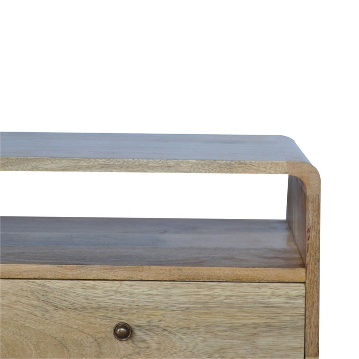 Curved Oak-ish TV Stand - Solid Mango Wood Entertainment Center for Living Room - product view 6 showing handcrafted...