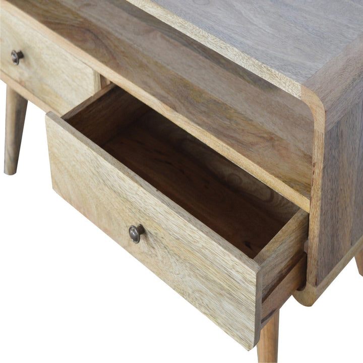 Curved Oak-ish TV Stand - Solid Mango Wood Entertainment Center for Living Room - product view 5 showing handcrafted...