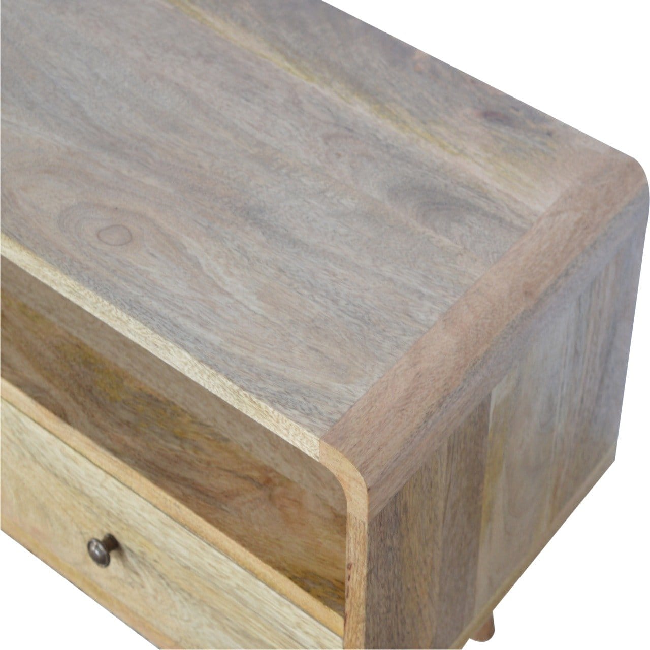 Curved Oak-ish TV Stand - Solid Mango Wood Entertainment Center for Living Room - product view 4 showing handcrafted...
