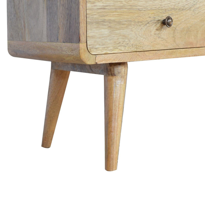 Curved Oak-ish TV Stand - Solid Mango Wood Entertainment Center for Living Room - product view 3 showing handcrafted...