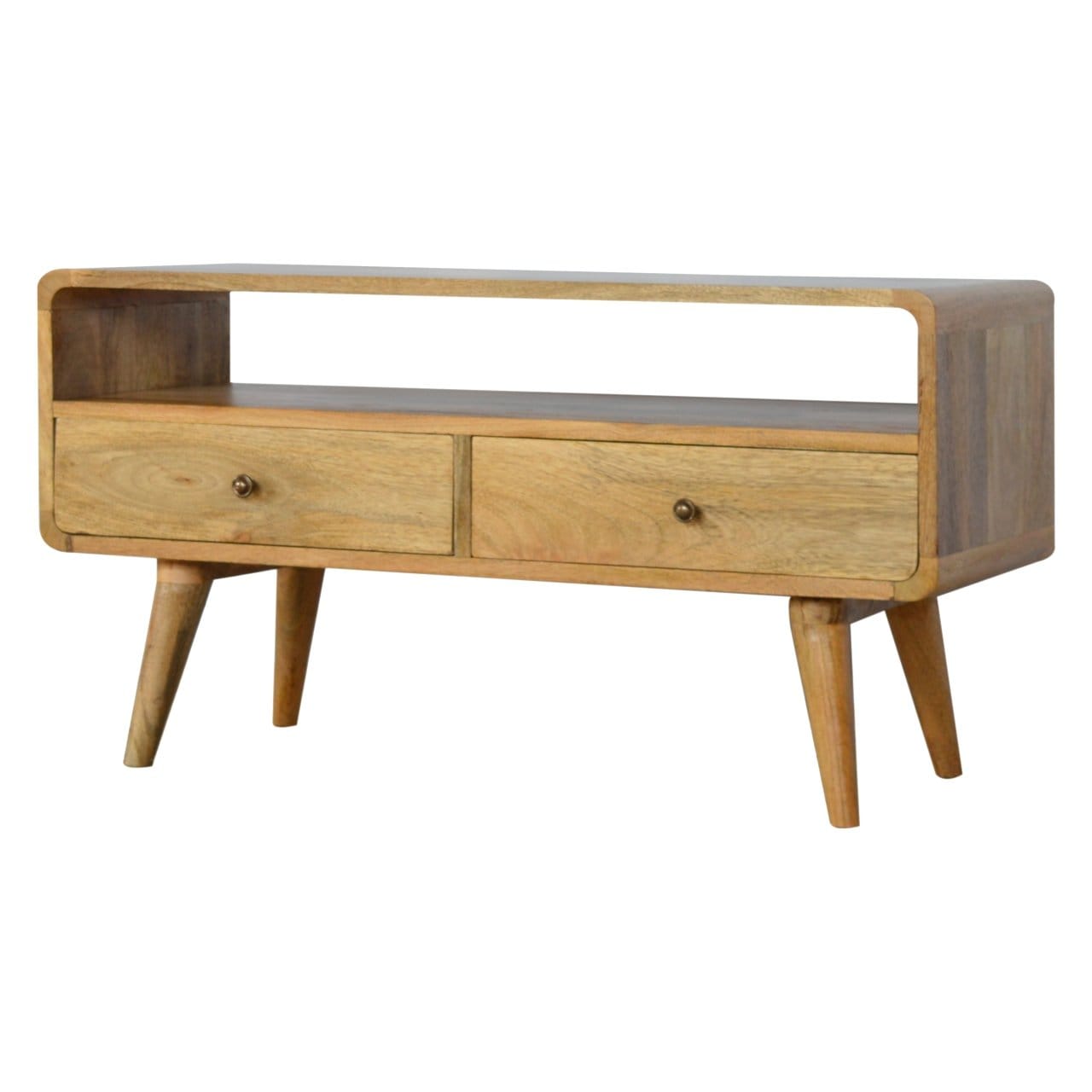 Curved Oak-ish TV Stand - Solid Mango Wood Entertainment Center for Living Room - product view 2 showing handcrafted...
