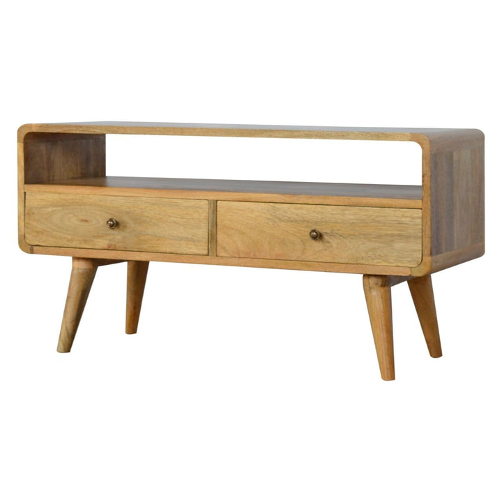 Curved Oak-ish TV Stand - Solid Mango Wood Entertainment Center for Living Room - product view 2 showing handcrafted...