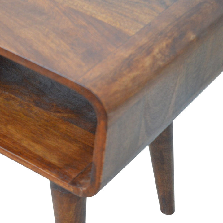 Curved Open Chestnut Nightstand - Solid Mango Wood Bedside Table for Bedroom - product view 8 showing handcrafted solid...