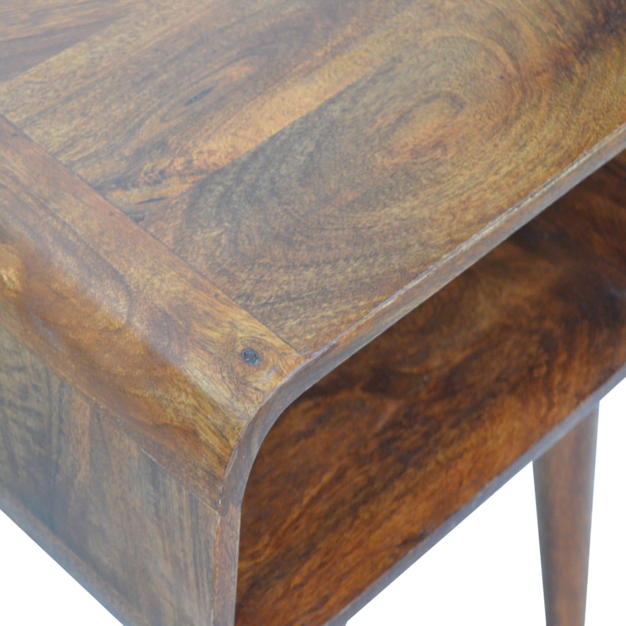 Curved Open Chestnut Nightstand - Solid Mango Wood Bedside Table for Bedroom - product view 7 showing handcrafted solid...