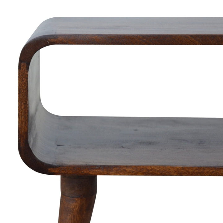 Curved Open Chestnut Nightstand - Solid Mango Wood Bedside Table for Bedroom - product view 5 showing handcrafted solid...
