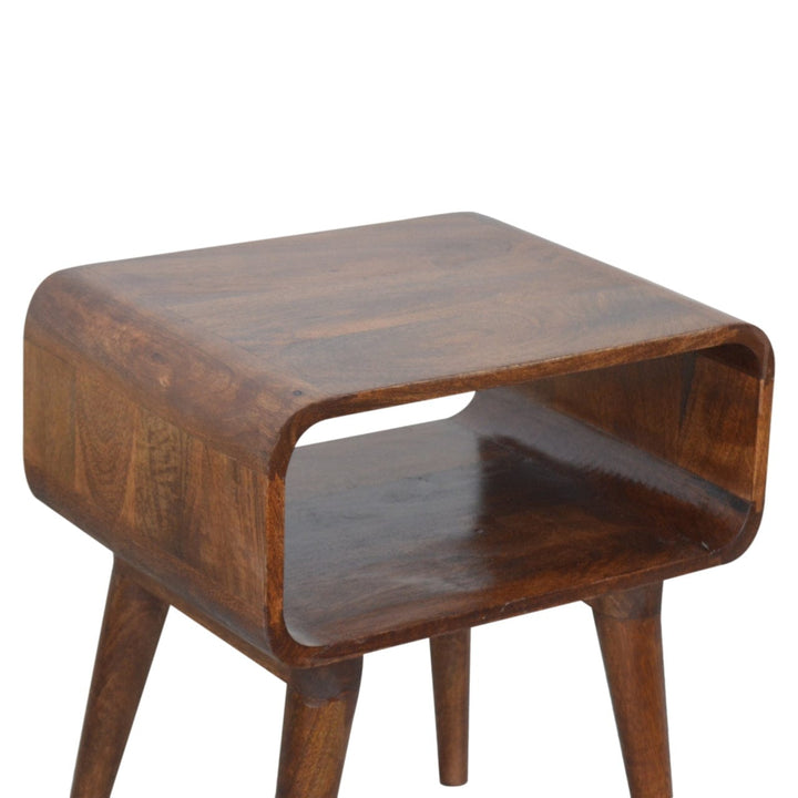 Curved Open Chestnut Nightstand - Solid Mango Wood Bedside Table for Bedroom - product view 4 showing handcrafted solid...