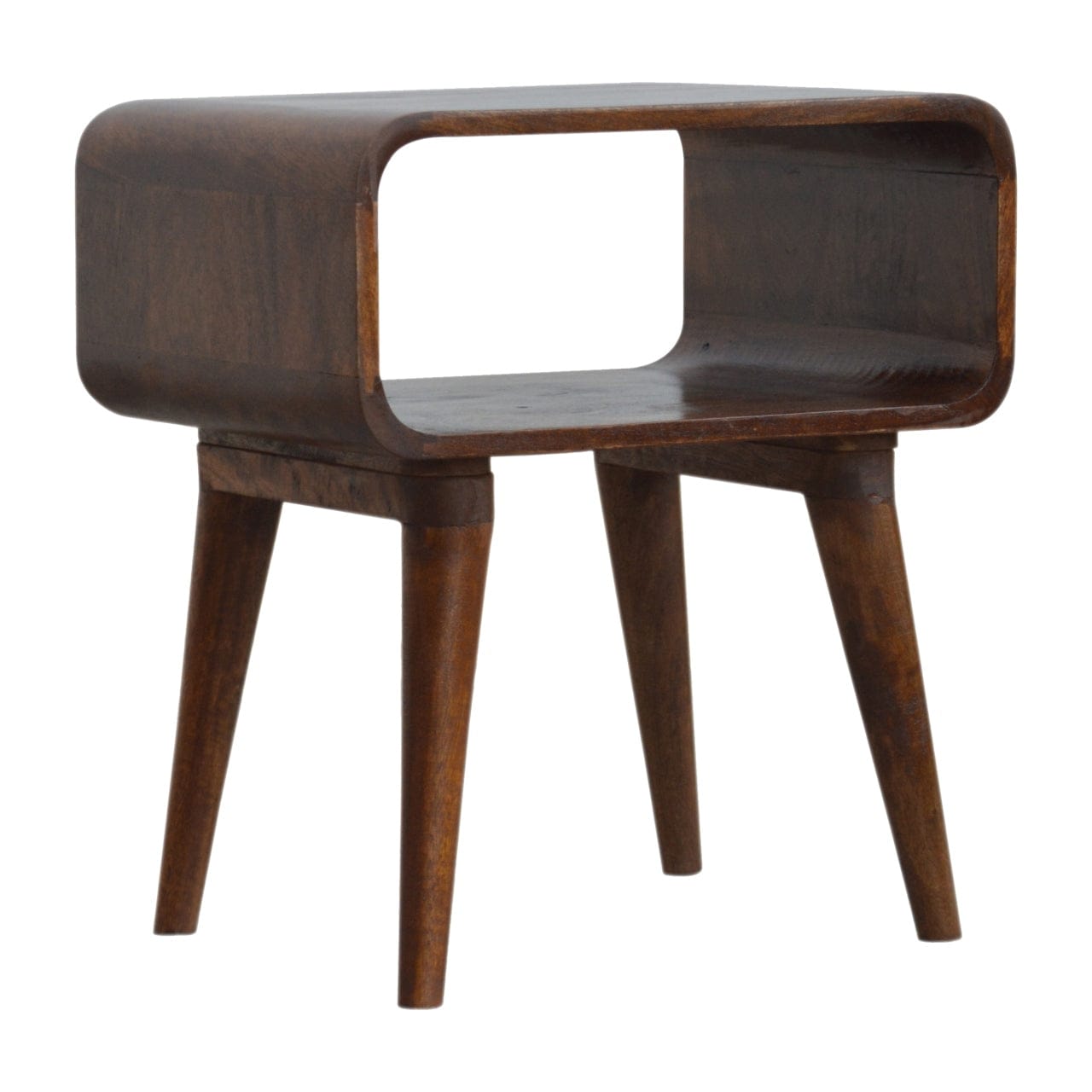 Curved Open Chestnut Nightstand - Solid Mango Wood Bedside Table for Bedroom - product view 3 showing handcrafted solid...