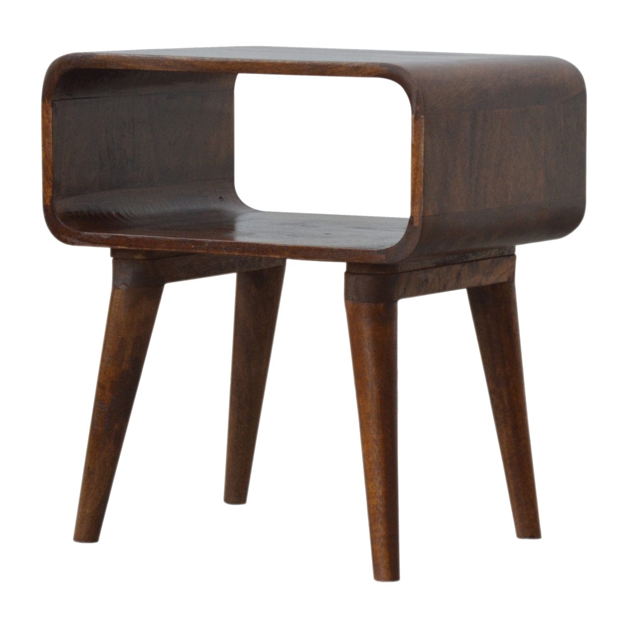 Curved Open Chestnut Nightstand - Solid Mango Wood Bedside Table for Bedroom - product view 2 showing handcrafted solid...